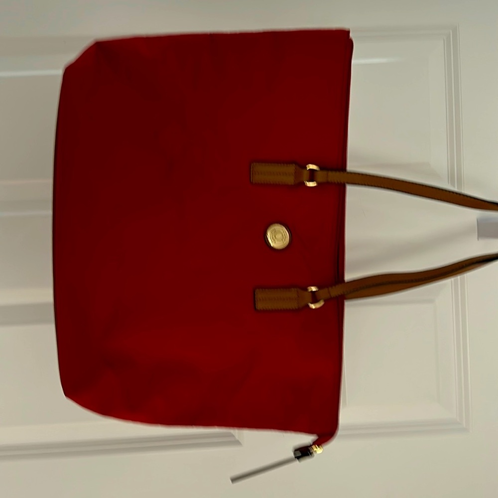 Vintage Tommy Hilfiger red nylon small tote with leather straps and bottom